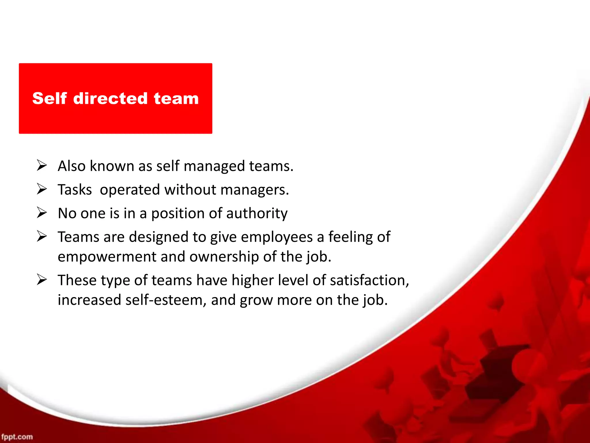 Self directed team
 Also known as self managed teams.
 Tasks operated without managers.
 No one is in a position of authority
 Teams are designed to give employees a feeling of
empowerment and ownership of the job.
 These type of teams have higher level of satisfaction,
increased self-esteem, and grow more on the job.
 