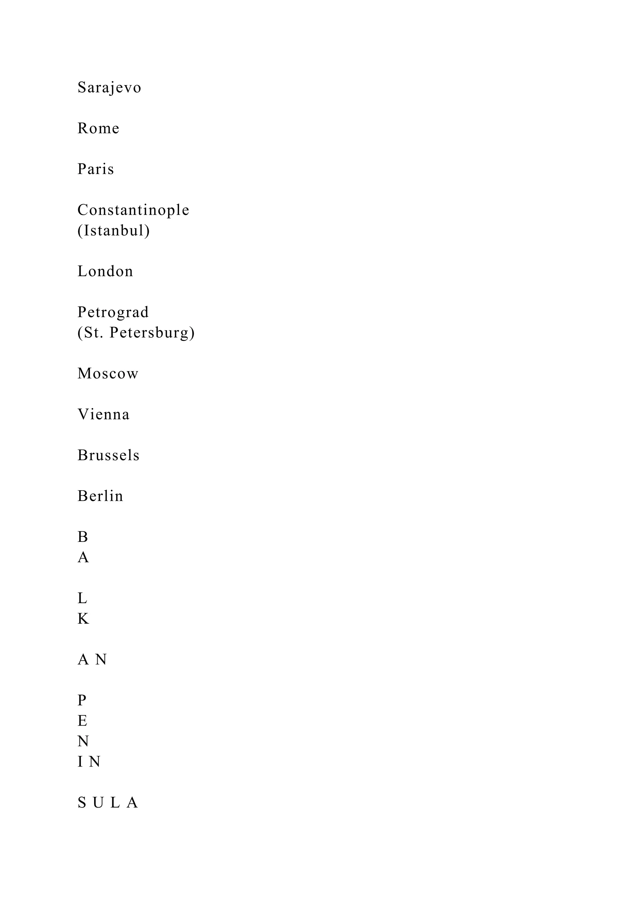 Sarajevo
Rome
Paris
Constantinople
(Istanbul)
London
Petrograd
(St. Petersburg)
Moscow
Vienna
Brussels
Berlin
B
A
L
K
A N
P
E
N
I N
S U L A
 