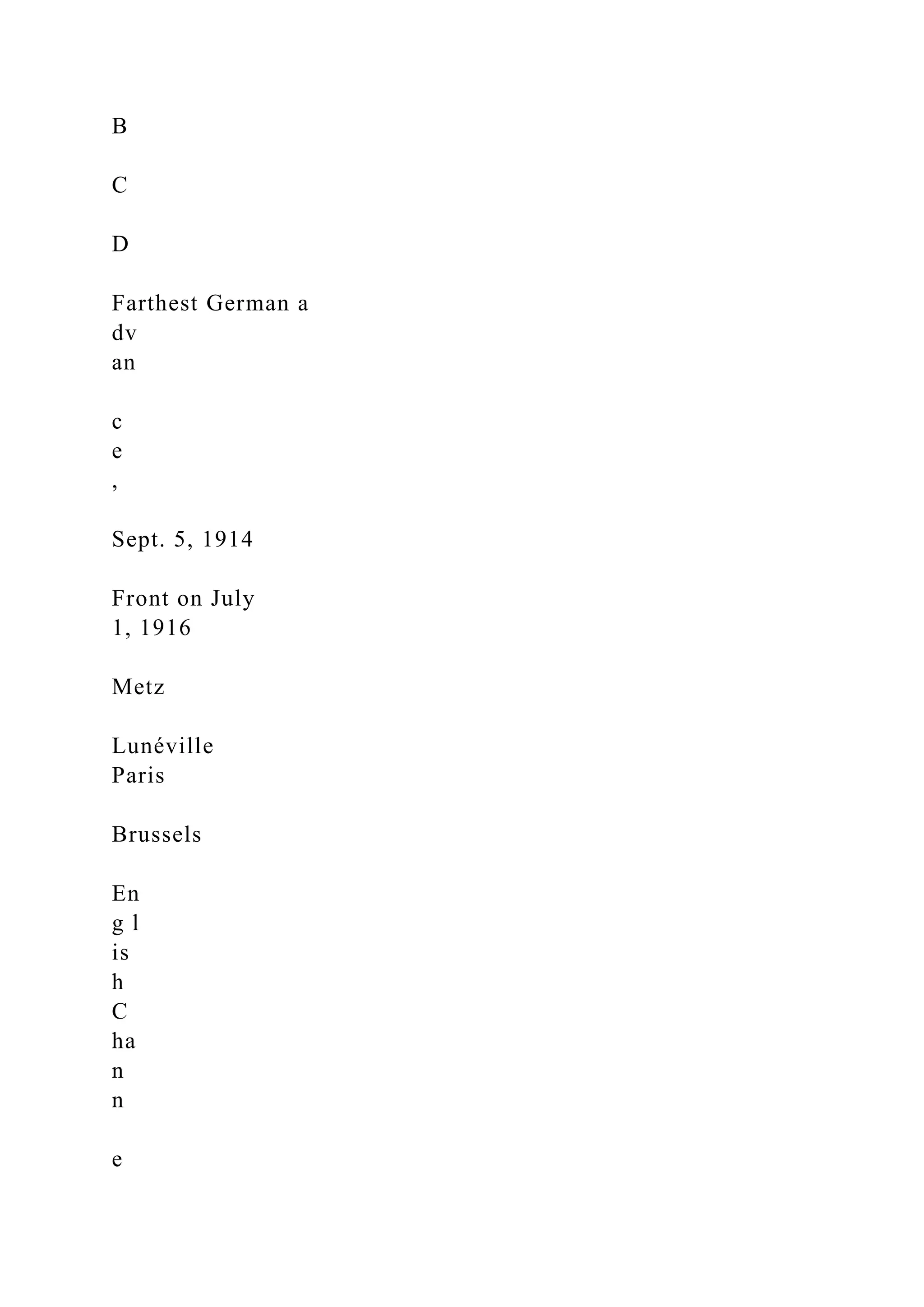 B
C
D
Farthest German a
dv
an
c
e
,
Sept. 5, 1914
Front on July
1, 1916
Metz
Lunéville
Paris
Brussels
En
g l
is
h
C
ha
n
n
e
 