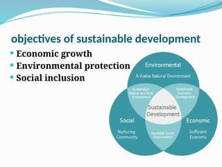 objectives of sustainable development
 Economic growth
 Environmental protection
 Social inclusion
 