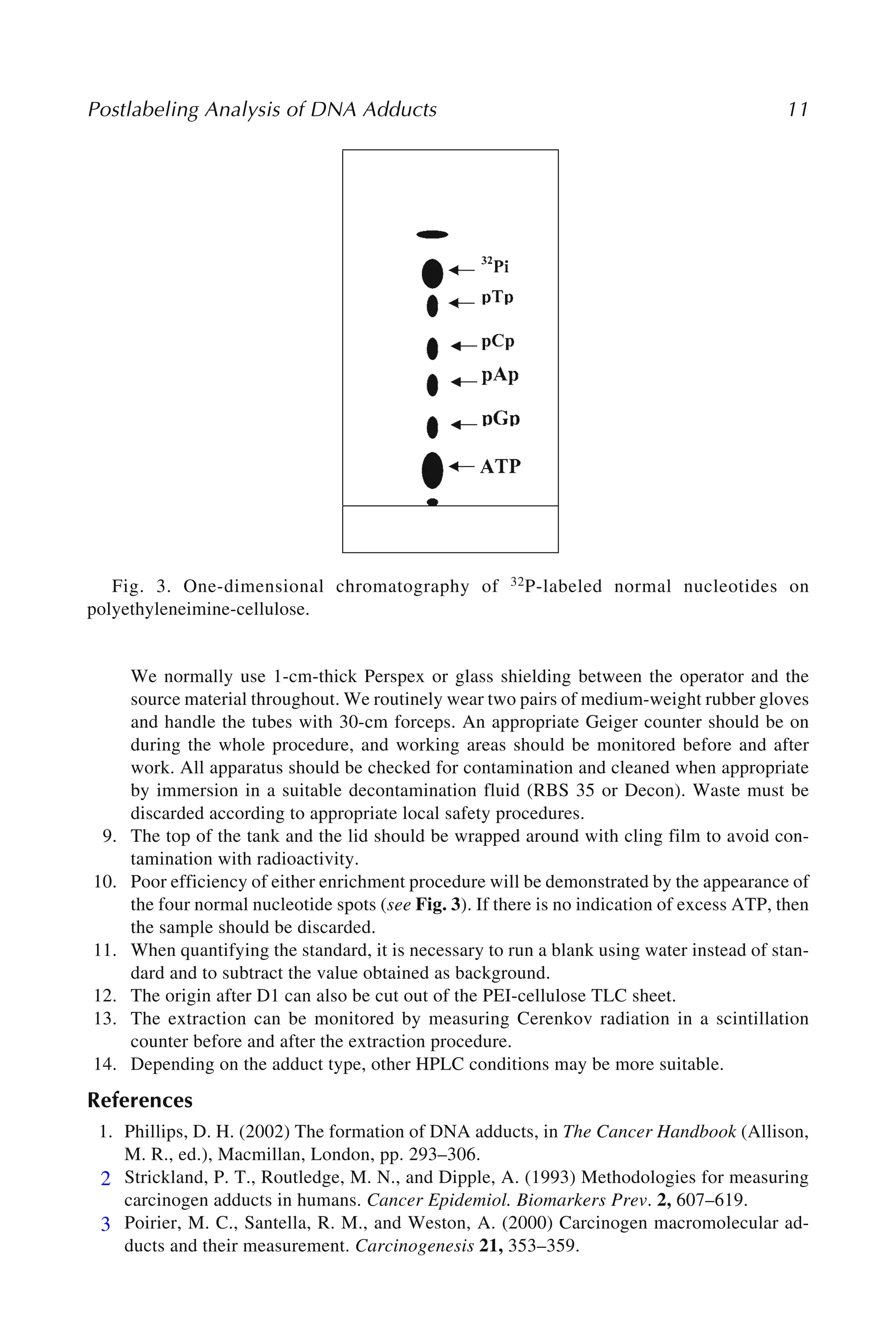 Postlabeling Analysis of DNA Adducts 11
We normally use 1-cm-thick Perspex or glass shielding between the operator and the
source material throughout. We routinely wear two pairs of medium-weight rubber gloves
and handle the tubes with 30-cm forceps. An appropriate Geiger counter should be on
during the whole procedure, and working areas should be monitored before and after
work. All apparatus should be checked for contamination and cleaned when appropriate
by immersion in a suitable decontamination fluid (RBS 35 or Decon). Waste must be
discarded according to appropriate local safety procedures.
9. The top of the tank and the lid should be wrapped around with cling film to avoid con-
tamination with radioactivity.
10. Poor efficiency of either enrichment procedure will be demonstrated by the appearance of
the four normal nucleotide spots (see Fig. 3). If there is no indication of excess ATP, then
the sample should be discarded.
11. When quantifying the standard, it is necessary to run a blank using water instead of stan-
dard and to subtract the value obtained as background.
12. The origin after D1 can also be cut out of the PEI-cellulose TLC sheet.
13. The extraction can be monitored by measuring Cerenkov radiation in a scintillation
counter before and after the extraction procedure.
14. Depending on the adduct type, other HPLC conditions may be more suitable.
References
1. Phillips, D. H. (2002) The formation of DNA adducts, in The Cancer Handbook (Allison,
M. R., ed.), Macmillan, London, pp. 293–306.
2. Strickland, P. T., Routledge, M. N., and Dipple, A. (1993) Methodologies for measuring
carcinogen adducts in humans. Cancer Epidemiol. Biomarkers Prev. 2, 607–619.
3. Poirier, M. C., Santella, R. M., and Weston, A. (2000) Carcinogen macromolecular ad-
ducts and their measurement. Carcinogenesis 21, 353–359.
Fig. 3. One-dimensional chromatography of 32P-labeled normal nucleotides on
polyethyleneimine-cellulose.
2
3
 