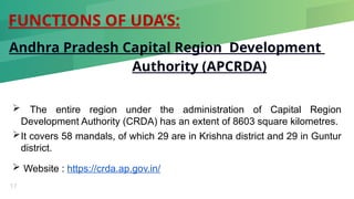 FUNCTIONS OF UDA’S:
17
Andhra Pradesh Capital Region Development
Authority (APCRDA)
 The entire region under the administration of Capital Region
Development Authority (CRDA) has an extent of 8603 square kilometres.
It covers 58 mandals, of which 29 are in Krishna district and 29 in Guntur
district.
 Website : https://crda.ap.gov.in/
 