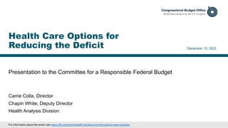 Presentation to the Committee for a Responsible Federal Budget
December 15, 2022
Carrie Colla, Director
Chapin White, Deputy Director
Health Analysis Division
Health Care Options for
Reducing the Deficit
For information about the event, see www.crfb.org/events/health-solutions-summit-options-next-congress.
 