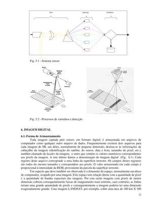 12
ótico detecção eletrônico
Fig. 5.1 - Sistema sensor
Fig. 5.2 - Processos de varredura e detecção
6. IMAGEM DIGITAL
6.1. Forma de Armazenamento
Toda imagem captada pelo sensor, em formato digital, é armazenada em arquivos de
computador como qualquer outro arquivo de dados. Frequentemente existem dois arquivos para
cada imagem de SR, um deles, normalmente de pequena dimensão, destina-se às informações de
cabeçalho da imagem (identificação do satélite, do sensor, data e hora, tamanho do pixel, etc.),
também chamado de header da imagem, e outro que contém os valores numéricos correspondentes
aos pixels da imagem. A este último damos a denominação de imagem digital (Fig. 6.1). Cada
registro deste arquivo corresponde a uma linha da superfície terrestre. Os campos destes registros
são todos do mesmo tamanho e correspondem aos pixels. O valor armazenado em cada campo é
proporcional à intensidade da REM, proveniente da parcela da superfície terrestre.
Um aspecto que deve também ser observado é a dimensão do espaço, normalmente em disco
de computador, ocupado por uma imagem. Este espaço tem relação direta com a quantidade de pixel
e a quantidade de bandas espectrais das imagens. Por esta razão imagens com pixels de menor
dimensão cobrem consequentemente faixas de imageamento mais estreitas, caso contrário, as linhas
teriam uma grande quantidade de pixels e consequentemente a imagem poderia ter uma dimensão
exageradamente grande. Uma imagem LANDSAT, por exemplo, cobre uma área de 180 km X 180
 