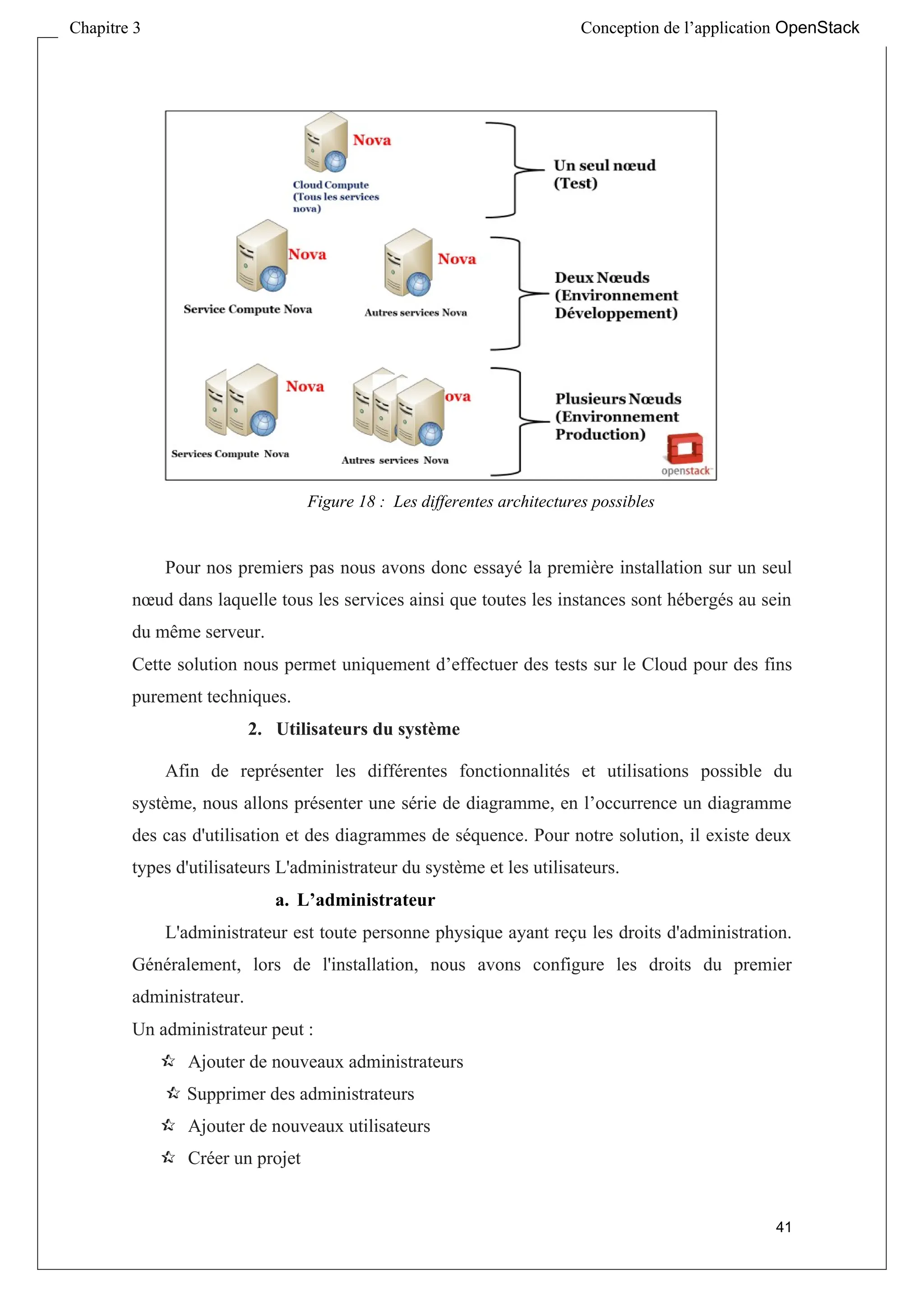Figure 18 : Les differentes architectures possibles
Pour nos premiers pas nous avons donc essayé la première installation sur un seul
nœud dans laquelle tous les services ainsi que toutes les instances sont hébergés au sein
du même serveur.
Cette solution nous permet uniquement d’effectuer des tests sur le Cloud pour des fins
purement techniques.
2. Utilisateurs du système
Afin de représenter les différentes fonctionnalités et utilisations possible du
système, nous allons présenter une série de diagramme, en l’occurrence un diagramme
des cas d'utilisation et des diagrammes de séquence. Pour notre solution, il existe deux
types d'utilisateurs L'administrateur du système et les utilisateurs.
a. L’administrateur
L'administrateur est toute personne physique ayant reçu les droits d'administration.
Généralement, lors de l'installation, nous avons configure les droits du premier
administrateur.
Un administrateur peut :
 Ajouter de nouveaux administrateurs
 Supprimer des administrateurs
 Ajouter de nouveaux utilisateurs
 Créer un projet
41
Chapitre 3 Conception de l’application OpenStack
 
