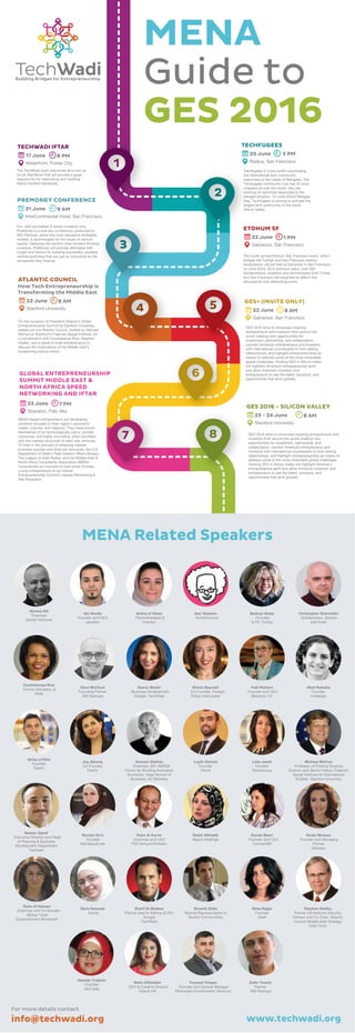 MENA
Guide to
GES 2016
MENA Related Speakers
17 June
Waterfront, Foster City
8 PM
1
2
4 5
7
6
8
3
TECHWADI IFTAR
20 June
Radius, San Francisco
5 PM
TECHFUGEES
21 June
InterContinental Hotel, San Francisco
9 AM
PREMONEY CONFERENCE
22 June
Galvanize, San Francisco
1 PM
ETOHUM SF
22 June
Galvanize, San Francisco
8 AM
GES+ (INVITE ONLY)
23 - 24 June
Stanford University
8 AM
GES 2016 - SILICON VALLEY
22 June
Stanford University
9 AM
ATLANTIC COUNCIL
How Tech Entrepreneurship is
Transforming the Middle East
23 June
Sheraton, Palo Alto
7 PM
GLOBAL ENTREPRENEURSHIP
SUMMIT MIDDLE EAST &
NORTH AFRICA SPEED
NETWORKING AND IFTAR
For more details contact
info@techwadi.org www.techwadi.org
GES 2016 aims to showcase inspiring entrepreneurs and
investors from around the world creating new
opportunities for investment, partnership, and
collaboration; connect American entrepreneurs and
investors with international counterparts to form lasting
relationships; and highlight entrepreneurship as means to
address some of the most intractable global challenges.
Hosting GES in Silicon Valley will highlight America’s
entrepreneurial spirit and allow American investors and
entrepreneurs to see the talent, solutions, and
opportunities that exist globally.
The TechWadi team welcomes all to join us
for an Iftar/Mixer that will provide a great
opportunity for networking and meeting
fellow-minded individuals.
Techfugees is a non-proﬁt coordinating
the international tech community
responses to the needs of Refugees. The
Techfugees community now has 22 local
chapters all over the world, who are
working on technical responses to the
refugee situation. To mark World Refugee
Day, Techfugees is coming to activate the
largest tech community in the world,
Silicon Valley.
The fourth annual Etohum San Francisco event, which
bridges the Turkish and San Francisco startup
ecosystems, will be held at Galvanize in San Francisco
on June 22nd. As in previous years, over 300
entrepreneurs, investors and technologies from Turkey
and San Francisco are expected to attend this
educational and networking event.
For +500 accredited & active investors only,
PreMoney is a one-day conference, produced by
500 Startups, about the most disruptive strategies,
models, & technologies for the future of venture
capital. Featuring the world’s most forward-thinking
investors, PreMoney will provide attendees with
insight and tactics for building successful, scalable
venture portfolios that are just as innovative as the
companies they ﬁnance.
On the occasion of President Obama's Global
Entrepreneurship Summit at Stanford University,
please join the Atlantic Council, hosted by Michael
McFaul at Stanford's Freeman Spogli Institute, for
a conversation with Condoleezza Rice, Stephen
Hadley, and a panel of Arab entrepreneurs to
discuss the implications of the Middle East's
burgeoning startup scene.
MENA-based entrepreneurs are developing
solutions focused on their region’s economic
needs, cultures, and religions. They have proven
themselves to be technologically savvy, socially
conscious, and highly innovative, when provided
with the needed resources to start new ventures.
To help in the process of obtaining needed
business acumen and ﬁnancial resources, the U.S.
Department of State’s Near Eastern Aﬀairs Bureau,
The League of Arab States, and the Middle East &
North Africa Consultants Association (MENA
Consultants) are honored to host some of these
young entrepreneurs at our Global
Entrepreneurship Summit’s Speed Networking &
Iftar Reception
GES 2016 aims to showcase inspiring
entrepreneurs and investors from around the
world creating new opportunities for
investment, partnership, and collaboration;
connect American entrepreneurs and investors
with international counterparts to form lasting
relationships; and highlight entrepreneurship as
means to address some of the most intractable
global challenges. Hosting GES in Silicon Valley
will highlight America’s entrepreneurial spirit
and allow American investors and
entrepreneurs to see the talent, solutions, and
opportunities that exist globally.
Ahmed Alﬁ
Chairman
Sawari Ventures
Ala Alsalla
Founder and CEO,
Jamalon
Amina al Hawa
Physiotherapist &
Inventor
Amr Hussein
KoshkComics
Bedriye Hulya
Founder
b-Fit, Turkey
Christopher Schroeder
Entrepreneur, Advisor,
and Inves
Condoleezza Rice
Former Secretary of
State
Dave McClure
Founding Partner
500 Startups
Deena Shakir
Business Development,
Google, TechWadi
Elmira Bayrasli
Co-Founder, Foreign
Policy Interrupted
Fadi Bishara
Founder and CEO,
Blackbox VC
Hind Hobeika
Founder
Instabeat
Idriss al Rifai
Founder
Fetchr
Joy Ajlouny
Co-Founder
Fetchr
Kamran Elahian
Chairman, BIT-AMENA
Center for Building Innovation
Economic, Haas School of
Business, UC Berkeley
Layth Hamad
Founder
ClevG
Leila Janah
Founder
SamaGroup
Michael McFaul
Professor of Political Science,
Director and Senior Fellow, Freeman
Spogli Institute for International
Studies, Stanford University
Nasser Qaedi
Executive Director and Head
of Planning & Business
Development Department
Tamkeen
Nermin Sa’d
Founder
Handasiyat.net
Rami Al Karmi
Chairman and CEO
F03 Venture Partners
Rafah Alkhatib
Reach Holdings
Randa Masri
Founder and CEO
ConnectME
Roula Moussa
Founder and Managing
Partner
Netways
Ruba Al Hassan
Chairman and Co-founder
Global Youth
Empowerment Movement
Sana Hawasly
Daraty
Sharif El-Badawi
Partner lead to Startup & VCs
Google
TechWadi
Shaarik Zafar
Special Representative to
Muslim Communities
Sima Najjar
Founder
Ekeif
Stephen Hadley
Former US National Security
Advisor and Co-Chair, Atlantic
Council Middle East Strategy
Task Force
Hamida Trabelsi
Founder
AlloTabib
Wafa AlObaidat
CEO & Creative Director
Obai & Hill
Youssef Chaqor
Founder and General Manager
Kilimanjaro Environment, Morocco
Zafer Younis
Partner
500 Startups
 