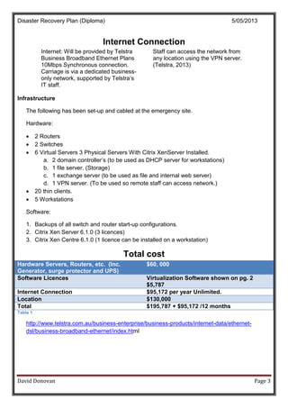 Disaster Recovery Plan (Diploma) 5/05/2013
David Donovan Page 3
Internet Connection
Internet: Will be provided by Telstra
Business Broadband Ethernet Plans
10Mbps Synchronous connection.
Carriage is via a dedicated business-
only network, supported by Telstra’s
IT staff.
Staff can access the network from
any location using the VPN server.
(Telstra, 2013)
Infrastructure
The following has been set-up and cabled at the emergency site.
Hardware:
 2 Routers
 2 Switches
 6 Virtual Servers 3 Physical Servers With Citrix XenServer Installed.
a. 2 domain controller’s (to be used as DHCP server for workstations)
b. 1 file server. (Storage)
c. 1 exchange server (to be used as file and internal web server)
d. 1 VPN server. (To be used so remote staff can access network.)
 20 thin clients.
 5 Workstations
Software:
1. Backups of all switch and router start-up configurations.
2. Citrix Xen Server 6.1.0 (3 licences)
3. Citrix Xen Centre 6.1.0 (1 licence can be installed on a workstation)
Total cost
Hardware Servers, Routers, etc. (Inc.
Generator, surge protector and UPS)
$60, 000
Software Licences Virtualization Software shown on pg. 2
$5,787
Internet Connection $95,172 per year Unlimited.
Location $130,000
Total $195,787 + $95,172 /12 months
Table 1
http://www.telstra.com.au/business-enterprise/business-products/internet-data/ethernet-
dsl/business-broadband-ethernet/index.html
 