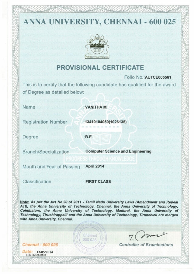 Anna University Degree Certificate Provisional Certif vrogue co