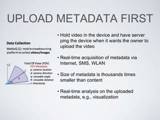 UPLOAD METADATA FIRST
• Hold video in the device and have server
ping the device when it wants the owner to
upload the video
• Real-time acquisition of metadata via
Internet, SMS, WLAN
• Size of metadata is thousands times
smaller than content
• Real-time analysis on the uploaded
metadata, e.g., visualization
 