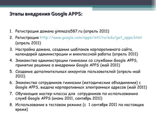 Этапы внедрения  Google APPS : Регистрация домена  gimnazia 587. ru  (апрель 2011) Регистрация  http://www.google.com/apps/intl/ru/edu/get_apps.html  (апрель 2011) Настройка домена, создание шаблонов корпоративного сайта, календарей администрации и внеклассной работы (апрель 2011) Знакомство администрации гимназии со службами  Google APPS , принятие решение о внедрении  Google APPS  (май 2011) Создание дополнительных аккаунтов пользователей (апрель-май 2011) Знакомство сотрудников гимназии (методические объединения) с  Google APPS , выдача корпоративных электронных адресов (май 2011) Обучающие мастер-классы для  сотрудников по использованию служб  Google APPS  (июнь 2011, сентябрь 2011) Использование в тестовом режиме (с  1 сентября 2011 по настоящее время) 