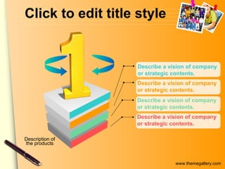 Click to edit title style Describe a vision of company or strategic contents. Describe a vision of company or strategic contents. Describe a vision of company or strategic contents. Describe a vision of company or strategic contents. Description of the products 