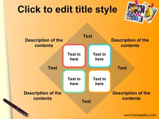 Click to edit title style Text in here Text in here Text in here Text in here Text Text Text Text Description of the contents Description of the contents Description of the contents Description of the contents 