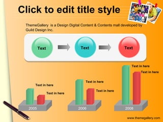 Click to edit title style 2005 Text Text Text 2006 2008 Text in here Text in here Text in here Text in here ThemeGallery   is a Design Digital Content & Contents mall developed by Guild Design Inc. Text in here Text in here 