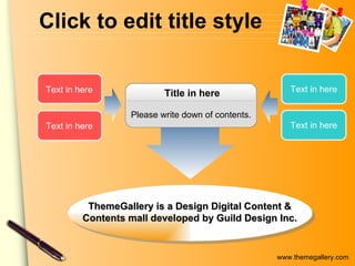 Click to edit title style Title in here Please write down of contents. Text in here Text in here Text in here Text in here ThemeGallery is a Design Digital Content & Contents mall developed by Guild Design Inc. 