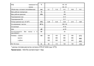 КПД - природный газ
- пропан
% 90 – 92
89 – 91
Объём воды котлового теплообменника лит 9,1 11,6 14,1 16,6 19,1
Макс.рабочая температура
o
C 90
Макс.рабочее давление kПa 400
Подсоединение газа G ¾“
Подсоединение ОВ G 1“
Потери давления при ∆Т 20O
C kПa 0,28 0,42 0,58 0,72 0,88
Эл.напряжение / частота В/ Гц 230 / 50
Эл.изоляция IP 40
Шум дБ до 55
Эл.потр.мощность (без насоса и 3-
ход.клапана )
Вт 20
Размеры - ширина
- высота
- глубина
мм 335
880
600
420
880
600
505
880
600
590
880
620
675
880
620
Вес без воды kг 90 110 130 150 170
* расход топлива рассчитан согласно STN 07 0240 (при 15
O
C)
Примечание : 100 kПa соответствует 1 Бар
 
