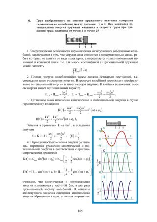 165
1. Энергетические особенности гармонических незатухающих собственных коле-
баний, заключаются в том, что упругая сила относится к консервативным силам, ра-
бота которых не зависит от вида траектории, а определяется только положением на-
чальной и конечной точки, т.е. для массы, соединённой с горизонтальной пружиной
можно записать
 
L
упр 0dF 

.
2. Полная энергия колеблющейся массы должна оставаться постоянной, т.е.
справедлив закон сохранения энергии. В процессе колебаний происходит преобразо-
вание потенциальной энергии в кинетическую энергию. В крайних положениях мас-
сы энергия имеет потенциальный характер
2
mx
2
xm
KE,
2
kx
ПE
22
0
2
0
maxmax1
2
0
max3,1



.
3. Установим закон изменения кинетической и потенциальной энергии в случае
гармонического колебания
   0
2
22
0
2
tsin
2
mx
2
xm
tK 



,
   0
2
2
0
2
tcos
2
kx
2
kx
tП  ,
Заменяя в уравнении 2
mнаk  , и складывая
получим
.
2
E
E,
2
mx
2
kx
ПKE
22
0
2
0



4. Периодичность изменения энергии устано-
вим, переписав уравнения кинетической и по-
тенциальной энергии в соответствии с тригоно-
метрическими правилами
      ,t2cos
2
1
2
1
KtsinKtK 0max0
2
max 




      ,t2cos
2
1
2
1
ПtcosПtП 0max0
2
max 




очевидно, что кинетическая и потенциальная
энергии изменяются с частотой 2 , в два раза
превышающей частоту колебаний. В моменты
амплитудного значения смещения кинетическая
энергия обращается в нуль, а полная энергия ко-
 