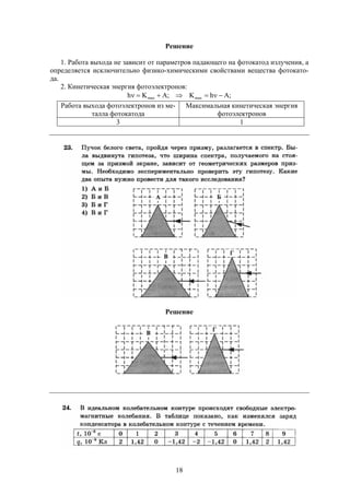 18
Решение
1. Работа выхода не зависит от параметров падающего на фотокатод излучения, а
определяется исключительно физико-химическими свойствами вещества фотокато-
да.
2. Кинетическая энергия фотоэлектронов:
;AhK;AKh maxmax 
Работа выхода фотоэлектронов из ме-
талла фотокатода
Максимальная кинетическая энергия
фотоэлектронов
3 1
Решение
 