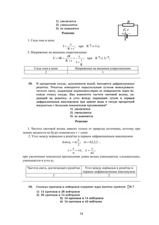 54
Решение
1. Сила тока в цепи:
;IRпри;
rR
I 



2. Напряжение на внешнем сопротивлении:
;URпри;
R
r
1rR
R
IRU 






Сила тока в цепи Напряжение на внешнем сопротивлении
2 1
Решение
1. Частота световой волны зависит только от природы источника, поэтому при
замене жидкости не будет изменяться  = const.
2. Угол между нормалью к решётке и первым дифракционным максимумом:
3,2,1,0m;
2
msind 1 


;
n
c
;
n
c
v


при увеличении показателя преломления длина волны уменьшается, следовательно,
уменьшается и угол 1.
Частота света, достигающего решётки Угол между нормалью к решётке и
первым дифракционным максимумом
3 2
 