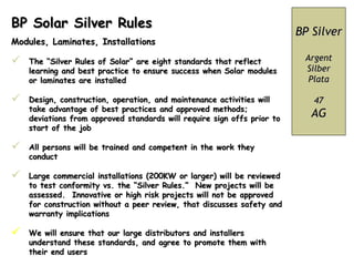 BP Solar Silver RulesBP Solar Silver Rules
Modules, Laminates, InstallationsModules, Laminates, Installations
 The “Silver Rules of Solar” are eight standards that reflectThe “Silver Rules of Solar” are eight standards that reflect
learning and best practice to ensure success when Solar moduleslearning and best practice to ensure success when Solar modules
or laminates are installedor laminates are installed
 Design, construction, operation, and maintenance activities willDesign, construction, operation, and maintenance activities will
take advantage of best practices and approved methods;take advantage of best practices and approved methods;
deviations from approved standards will require sign offs prior todeviations from approved standards will require sign offs prior to
start of the jobstart of the job
 All persons will be trained and competent in the work theyAll persons will be trained and competent in the work they
conductconduct
 Large commercial installations (200KW or larger) will be reviewedLarge commercial installations (200KW or larger) will be reviewed
to test conformity vs. the “Silver Rules.” New projects will beto test conformity vs. the “Silver Rules.” New projects will be
assessed. Innovative or high risk projects will not be approvedassessed. Innovative or high risk projects will not be approved
for construction without a peer review, that discusses safety andfor construction without a peer review, that discusses safety and
warranty implicationswarranty implications
 We will ensure that our large distributors and installersWe will ensure that our large distributors and installers
understand these standards, and agree to promote them withunderstand these standards, and agree to promote them with
their end userstheir end users
BP SilverBP Silver
ArgentArgent
SilberSilber
PlataPlata
4747
AGAG
 