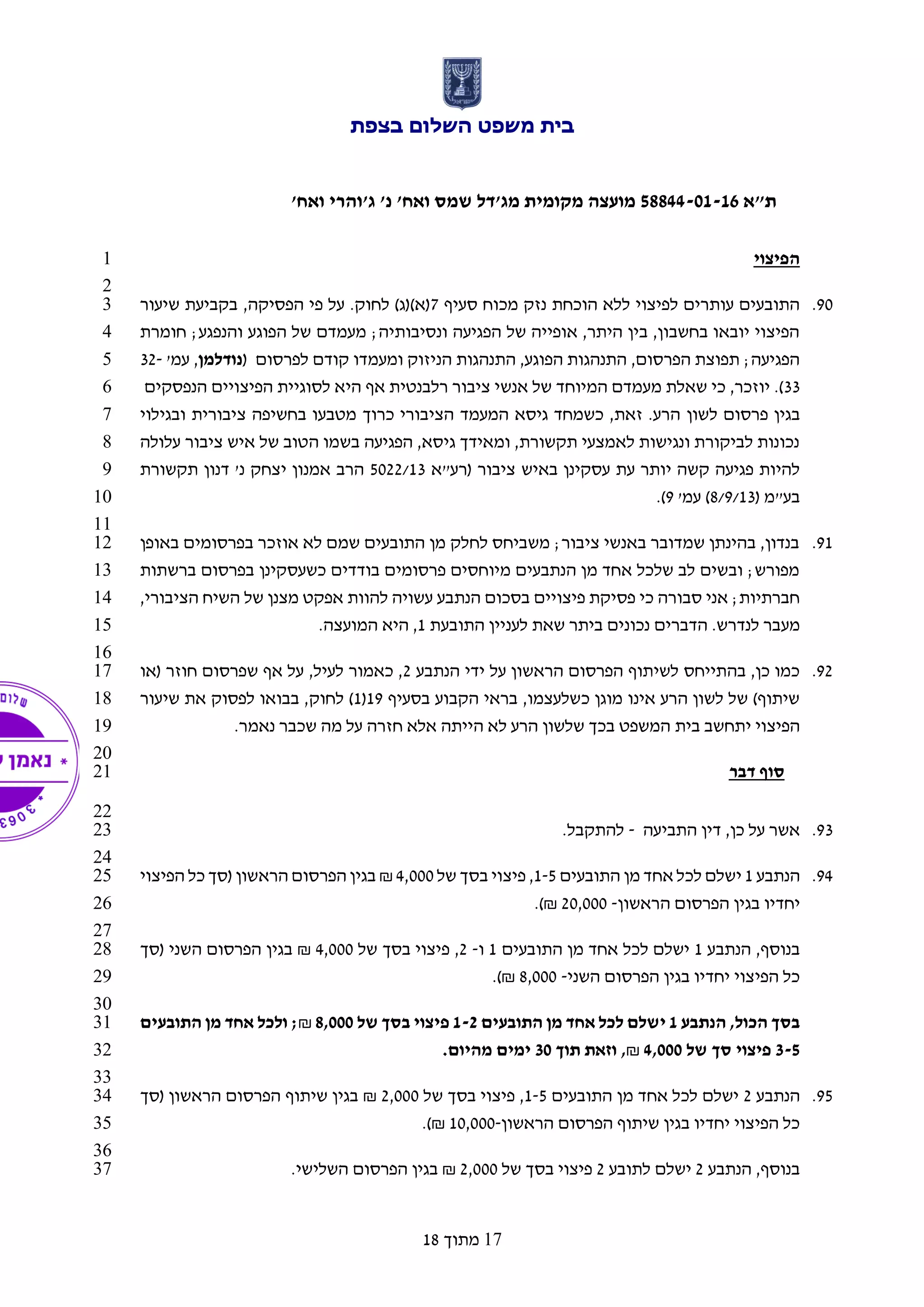 ‫בצפת‬ ‫השלום‬ ‫משפט‬ ‫בית‬
‫ת"א‬58844-01-16'‫ואח‬ ‫ג'והרי‬ '‫נ‬ '‫ואח‬ ‫שמס‬ ‫מג'דל‬ ‫מקומית‬ ‫מועצה‬
17‫מתוך‬18
‫הפיצוי‬1
2
90.‫סעיף‬ ‫מכוח‬ ‫נזק‬ ‫הוכחת‬ ‫ללא‬ ‫לפיצוי‬ ‫עותרים‬ ‫התובעים‬7‫שיעור‬ ‫בקביעת‬ ,‫הפסיקה‬ ‫פי‬ ‫על‬ .‫לחוק‬ )‫(א)(ג‬3
‫חומרת‬ ;‫והנפגע‬ ‫הפוגע‬ ‫של‬ ‫מעמדם‬ ;‫ונסיבותיה‬ ‫הפגיעה‬ ‫של‬ ‫אופייה‬ ,‫היתר‬ ‫בין‬ ,‫בחשבון‬ ‫יובאו‬ ‫הפיצוי‬4
( ‫לפרסום‬ ‫קודם‬ ‫ומעמדו‬ ‫הניזוק‬ ‫התנהגות‬ ,‫הפוגע‬ ‫התנהגות‬ ,‫הפרסום‬ ‫תפוצת‬ ;‫הפגיעה‬‫נוד‬‫ל‬‫מן‬'‫עמ‬ ,32-5
33‫שאלת‬ ‫כי‬ ,‫יוזכר‬ .)‫מעמדם‬‫המיוחד‬‫של‬‫אנש‬‫ציבור‬ ‫י‬‫רלבנטית‬‫היא‬ ‫אף‬‫לסוגיית‬‫הפיצויים‬‫הנפסקים‬6
‫בגין‬‫פרסום‬‫לשון‬‫ובגילוי‬ ‫ציבורית‬ ‫בחשיפה‬ ‫מטבעו‬ ‫כרוך‬ ‫הציבורי‬ ‫המעמד‬ ‫גיסא‬ ‫כשמחד‬ ,‫זאת‬ .‫הרע‬7
‫עלולה‬ ‫ציבור‬ ‫איש‬ ‫של‬ ‫הטוב‬ ‫בשמו‬ ‫הפגיעה‬ ,‫גיסא‬ ‫ומאידך‬ ,‫תקשורת‬ ‫לאמצעי‬ ‫ונגישות‬ ‫לביקורת‬ ‫נכונות‬8
‫באיש‬ ‫עסקינן‬ ‫עת‬ ‫יותר‬ ‫קשה‬ ‫פגיעה‬ ‫להיות‬‫(רע"א‬ ‫ציבור‬5022/13‫תקשורת‬ ‫דנון‬ '‫נ‬ ‫יצחק‬ ‫אמנון‬ ‫הרב‬9
( ‫בע"מ‬8/9/13'‫עמ‬ )9.)10
11
91.‫באופן‬ ‫בפרסומים‬ ‫אוזכר‬ ‫לא‬ ‫שמם‬ ‫התובעים‬ ‫מן‬ ‫לחלק‬ ‫משביחס‬ ;‫ציבור‬ ‫באנשי‬ ‫שמדובר‬ ‫בהינתן‬ ,‫בנדון‬12
‫ברשתות‬ ‫בפרסום‬ ‫כשעסקינן‬ ‫בודדים‬ ‫פרסומים‬ ‫מיוחסים‬ ‫הנתבעים‬ ‫מן‬ ‫אחד‬ ‫שלכל‬ ‫לב‬ ‫ובשים‬ ;‫מפורש‬13
,‫הציבורי‬ ‫השיח‬ ‫של‬ ‫מצנן‬ ‫אפקט‬ ‫להוות‬ ‫עשויה‬ ‫הנתבע‬ ‫בסכום‬ ‫פיצויים‬ ‫פסיקת‬ ‫כי‬ ‫סבורה‬ ‫אני‬ ;‫חברתיות‬14
‫מע‬‫התובעת‬ ‫לעניין‬ ‫שאת‬ ‫ביתר‬ ‫נכונים‬ ‫הדברים‬ .‫לנדרש‬ ‫בר‬1.‫המועצה‬ ‫היא‬ ,15
16
92.‫הנתבע‬ ‫ידי‬ ‫על‬ ‫הראשון‬ ‫הפרסום‬ ‫לשיתוף‬ ‫בהתייחס‬ ,‫כן‬ ‫כמו‬2‫(או‬ ‫חוזר‬ ‫שפרסום‬ ‫אף‬ ‫על‬ ,‫לעיל‬ ‫כאמור‬ ,17
‫בסעיף‬ ‫הקבוע‬ ‫בראי‬ ,‫כשלעצמו‬ ‫מוגן‬ ‫אינו‬ ‫הרע‬ ‫לשון‬ ‫של‬ )‫שיתוף‬19(1‫שיעור‬ ‫את‬ ‫לפסוק‬ ‫בבואו‬ ,‫לחוק‬ )18
‫בית‬ ‫יתחשב‬ ‫הפיצוי‬.‫נאמר‬ ‫שכבר‬ ‫מה‬ ‫על‬ ‫חזרה‬ ‫אלא‬ ‫הייתה‬ ‫לא‬ ‫הרע‬ ‫שלשון‬ ‫בכך‬ ‫המשפט‬19
20
‫דבר‬ ‫סוף‬21
22
93.‫התביעה‬ ‫דין‬ ,‫כן‬ ‫על‬ ‫אשר‬-.‫להתקבל‬23
24
94.‫הנתבע‬1‫התובעים‬ ‫מן‬ ‫אחד‬ ‫לכל‬ ‫ישלם‬1-5‫של‬ ‫בסך‬ ‫פיצוי‬ ,4,000₪‫הראשון‬ ‫הפרסום‬ ‫בגין‬‫הפיצוי‬ ‫כל‬ ‫(סך‬25
‫יחדיו‬‫הראשון‬ ‫הפרסום‬ ‫בגין‬-20,000.)₪26
27
‫הנתבע‬ ,‫בנוסף‬1‫ל‬ ‫ישלם‬‫כל‬‫ה‬ ‫מן‬ ‫אחד‬‫תובעים‬1‫ו‬-2‫של‬ ‫בסך‬ ‫פיצוי‬ ,4,000₪‫השני‬ ‫הפרסום‬ ‫בגין‬‫(סך‬28
‫השני‬ ‫הפרסום‬ ‫בגין‬ ‫יחדיו‬ ‫הפיצוי‬ ‫כל‬-8,000.)₪29
30
‫הכ‬ ‫בסך‬‫ו‬‫ל‬,‫הנתבע‬1‫התובעים‬ ‫מן‬ ‫אחד‬ ‫לכל‬ ‫ישלם‬1-2‫של‬ ‫בסך‬ ‫פיצוי‬8,000;₪‫ול‬‫ה‬ ‫מן‬ ‫אחד‬ ‫כל‬‫תובעים‬31
3-5‫פיצוי‬‫של‬ ‫סך‬4,000₪,‫תוך‬ ‫וזאת‬30.‫מהיום‬ ‫ימים‬32
33
95.‫הנתבע‬2‫התובעים‬ ‫מן‬ ‫אחד‬ ‫לכל‬ ‫ישלם‬1-5‫של‬ ‫בסך‬ ‫פיצוי‬ ,2,000₪‫הראשון‬ ‫הפרסום‬ ‫שיתוף‬ ‫בגין‬‫(סך‬34
‫הראשון‬ ‫הפרסום‬ ‫שיתוף‬ ‫בגין‬ ‫יחדיו‬ ‫הפיצוי‬ ‫כל‬-10,000.)₪35
36
‫הנתבע‬ ,‫בנוסף‬2‫לתובע‬ ‫ישלם‬2‫של‬ ‫בסך‬ ‫פיצוי‬2,000₪.‫השלישי‬ ‫הפרסום‬ ‫בגין‬37
 