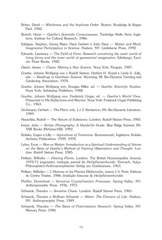94
Repertório das Essências Florais
Bohm, David — Wholeness and the Implicate Order. Boston: Routledge & Kegan
Paul, 1982.
Bortoft, Henri — Goethe’s Scientific Consciousness. Tunbridge Wells, Kent, Ingla-
terra: Institute for Cultural Research, 1986.
Edelgass, Stephen, Georg Maier, Hans Gerbert e John Davy — Matter and Mind,
Imaginative Participation in Science. Hudson, NY: Lindsifarne Press, 1992.
Edwards, Lawrence — The Field of Form: Research concerning the outer world of
living forms and the inner world of geometrical imagination. Edinburgo, Escó-
cia: Floris Books, 1982.
Gleick, James — Chaos: Making a New Science. Nova York: Penguin, 1987.
Goethe, Johann Wolfgang von e Rudolf Steiner; Herbert H. Koepf e Linda S. Jolly,
eds. — Readings in Goethean Science. Wyoming, RI: Bio-Dynamic Farming and
Gardening Association, 1978.
Goethe, Johann Wolfgang von; Douglas Miller, ed. — Goethe: Scientific Studies.
Nova York: Suhrkamp Publishers, 1988.
Goethe, Johann Wolfgang von; Frederick Ungar, ed. — Goethe’s World View,
Presented in His Reflections and Maxims. Nova York: Frederick Ungar Publishing
Co., 1963.
Grohmann, Gerbert — The Plant; vols. 1 e 2. Kimberton, PA: Bio-Dynamic Literature,
1989.
Hauschka, Rudolf — The Nature of Substance. Londres: Rudolf Steiner Press, 1983.
Iovine, John — Kirlian Photography: A Hands-On Guide. Blue Ridge Summit, PA:
TAB Books (McGraw-Hill), 1993.
Kolisko, Eugen e Lilly — Agriculture of Tomorrow. Bournemouth, Inglaterra: Kolisko
Archives Publications, 1939, 1978.
Lehrs, Ernst — Man or Matter: Introduction to a Spiritual Understanding of Nature
on the Basis of Goethe’s Method of Training Observation and Thought. Lon-
dres: Rudolf Steiner Press, 1985.
Pelikan, Wilhelm — Healing Plants. Londres: The British Homoeopathic Journal,
1970-71 (esgotado), tradução parcial de Heilpflanzenkunde. Dornach, Suíça:
Philosophisch-Anthroposophischer Verlag am Goetheanum, 1963.
Pelikan, Wilhelm — L’Homme et les Plantes Médicinales, tomos 1-3. Paris: Editions
du Centre Triades, 1986; (tradução francesa de Heilpflanzenkunde).
Pfeiffer, Ehrenfried — Sensitive Crystallization Processes. Spring Valley, NY:
Anthroposophic Press, 1936, 1975.
Schwenk, Theodor — Sensitive Chaos. Londres: Rudolf Steiner Press, 1965.
Schwenk, Theodor e Wolfram Schwenk — Water: The Element of Life. Hudson,
NY: Anthroposophic Press, 1989.
Schwenk, Theodor — The Basis of Potentization Research. Spring Valley, NY:
Mercury Press, 1988.
Parte1.pmd 25/3/2009, 11:2494
 