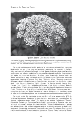 48
Repertório das Essências Florais
Dentro do vasto tema da família botânica, as plantas que compartilham o mesmo
gênero têm, em sua forma, uma relação ainda mais íntima. Por exemplo, o Yarrow/
milefólio-branco (Achillea millefolium), o Pink Yarrow/milefólio-cor-de-rosa (Achillea
millefolium var. rubra) e o Golden Yarrow/milefólio-dourado (Achillea filipendulina)
são, todos três, membros do gênero Achillea. Neste Repertório, algumas essências
florais preparadas a partir de outros grupos de plantas que compartilham o mesmo
gênero são: Aesculus (Chestnut Bud, Red Chestnut, White Chestnut); Artemisia
(Mugwort, Sagebrush); Calochortus (Fairy Lantern, Mariposa Lily, Star Tulip, Yellow
Star Tulip); Dicentra (Bleeding Heart, Golden Ear Drops); Lilium (Alpine Lily,
Easter Lily, Tiger Lily); Mimulus (Mimulus, Pink Monkeyflower, Purple
Monkeyflower, Scarlet Monkeyflower, Sticky Monkeyflower); Penstemon (Mountain
Pride, Penstemon); e Rosa (California Wild Rose, Wild Rose). Convidamos o leitor
a examinar as descrições dessas essências na Parte III do Repertório, estudando como
as relações botânicas das plantas são expressas nas qualidades das essências florais.
Dentro da família das compostas, que é grande o suficiente para englobar 10% de
todas as plantas que florescem, existem também agrupamentos intermediários de
plantas, conhecidos como “tribos”. Por exemplo, os gêneros Cichorium (Chicory/
chicória) e Taraxacum (Dandelion/dente-de-leão), com somente flores de raio, per-
tencem à tribo das Cichorieae. O gênero Achillea (Yarrow/milefólio) pertence à tribo
das Anthemideae, que também inclui os gêneros Artemisia (Mugwort e Sagebrush/
artemísias), Anthemis e Matricaria (Chamomile/camomila), Tanacetum (Tancy/aneto)
e Chrysanthemum (Chrysanthemum/crisântemo, Shasta Daisy/margarida). Pode-
Queen Anne’s Lace Daucus carota
Este membro da família das umbelíferas possui um dossel de flores brancas, e suas folhas são rendilhadas,
tal como o milefólio. Porém, as flores individuais são simples e com cinco pétalas, o que o distingue do
milefólio, com suas florinhas compostas tanto no disco como no raio.
Parte1.pmd 25/3/2009, 11:2448
 