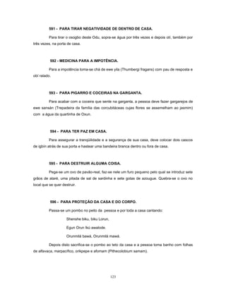 591 - PARA TIRAR NEGATIVIDADE DE DENTRO DE CASA.
Para tirar o osogbo deste Odu, sopra-se água por três vezes e depois otí, também por
três vezes, na porta de casa.
592 - MEDICINA PARA A IMPOTÊNCIA.
Para a impotência toma-se chá de ewe yila (Thumbergi fragans) com pau de resposta e
obí ralado.
593 - PARA PIGARRO E COCEIRAS NA GARGANTA.
Para acabar com a coceira que sente na garganta, a pessoa deve fazer gargarejos de
ewe sansán (Trepadeira da família das corcubitáceas cujas flores se assemelham ao jasmim)
com a água da quartinha de Oxun.
594 - PARA TER PAZ EM CASA.
Para assegurar a tranqüilidade e a segurança de sua casa, deve colocar dois cascos
de igbín atrás de sua porta e hastear uma bandeira branca dentro ou fora de casa.
595 - PARA DESTRUIR ALGUMA COISA.
Pega-se um ovo de pavão-real, faz-se nele um furo pequeno pelo qual se introduz sete
grãos de ataré, uma pitada de sal de sardinha e sete gotas de azougue. Quebra-se o ovo no
local que se quer destruir.
596 - PARA PROTEÇÃO DA CASA E DO CORPO.
Passa-se um pombo no peito da pessoa e por toda a casa cantando:
Shenshe biku, biku Lorun,
Egun Orun Ikú awalode.
Orunmilá bawá, Orunmilá mawá.
Depois disto sacrifica-se o pombo ao teto da casa e a pessoa toma banho com folhas
de alfavaca, marpacífico, orikpepe e afomam (Pithecolobium samam).
123
 