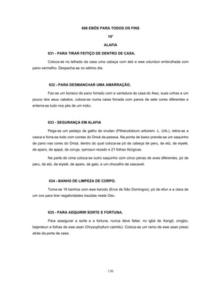 666 EBÓS PARA TODOS OS FINS
16o
ALAFIA
631 - PARA TIRAR FEITIÇO DE DENTRO DE CASA.
Coloca-se no telhado da casa uma cabaça com ekó e ewe odundun embrulhada com
pano vermelho. Despacha-se no sétimo dia.
632 - PARA DESMANCHAR UMA AMARRAÇÃO.
Faz-se um boneco de pano forrado com a varredura da casa do Awo, suas unhas e um
pouco dos seus cabelos, coloca-se numa caixa forrada com panos de sete cores diferentes e
enterra-se tudo nos pés de um iroko.
633 - SEGURANÇA EM ALAFIA
Pega-se um pedaço de galho de orudan (Pithecolobium arborem. L. Urb.), retira-se a
casca e forra-se todo com contas do Orixá da pessoa. Na ponta de baixo prende-se um saquinho
de pano nas cores do Orixá, dentro do qual coloca-se pó de cabeça de peru, de etú, de eiyelé,
de aparo, de ajapá, de coruja, iyerosun rezado e 21 folhas litúrgicas.
Na parte de cima coloca-se outro saquinho com cinco penas de aves diferentes, pó de
peru, de etú, de eiyelé, de aparo, de galo, e um chocalho de cascavel.
634 - BANHO DE LIMPEZA DE CORPO.
Toma-se 16 banhos com ewe karodo (Erva de São Domingos), pó de efun e a clara de
um ovo para tirar negatividades trazidas neste Odu.
635 - PARA ADQUIRIR SORTE E FORTUNA.
Para assegurar a sorte e a fortuna, nunca deve faltar, no igbá de Xangô, orogbo,
bejerekun e folhas de ewe asan Chrysophyllum caimito). Coloca-se um ramo de ewe asan preso
atrás da porta de casa.
130
 