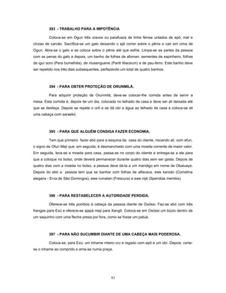 393 - TRABALHO PARA A IMPOTÊNCIA
Coloca-se em Ogun três cravos ou parafusos de linha férrea untados de epô, mel e
cinzas de carvão. Sacrifica-se um galo deixando o ejé correr sobre o pênis e cair em cima de
Ogun. Abre-se o galo e se coloca sobre o pênis até que esfrie. Limpa-se as partes da pessoa
com as penas do galo e depois, um banho de folhas de afoman, sementes de espinheiro, folhas
de iguí soro (Pera bumefolia), de musenguene (Pariti tiliaceum) e de pau-ferro. Este banho deve
ser repetido nos três dias subsequentes, perfazendo um total de quatro banhos.
394 - PARA OBTER PROTEÇÃO DE ORUNMILÁ.
Para adquirir proteção de Orunmilá, deve-se colocar-lhe comida antes de servir a
mesa. Esta comida é, depois de um dia, colocada no telhado de casa e deve ser ali deixada até
que se desfaça. Depois se repete o orô e se dá obí e água ao telhado de casa e coloca-se ali
uma cabaça com saraekó.
395 - PARA QUE ALGUÉM CONSIGA FAZER ECONOMIA.
Tem que primeiro fazer ebó para a esquina da casa do cliente, riscando ali, com efun,
o signo de Ofun Meji que, em seguida, é desmanchado com uma moeda corrente de maior valor.
Em seguida, leva-se a moeda para casa, passa-se no corpo do cliente e entrega-se a ele para
que a coloque no bolso, onde deverá permanecer durante quatro dias sem ser gasta. Depois de
quatro dias com a moeda no bolso, a pessoa deve dá-la a um mendigo em nome de Obaluaye.
Depois do ebó a pessoa tem que se banhar com folhas de alfavaca, ewe karodo (Comelina
elegans - Erva de São Domingos), ewe rumatan (Frescura) e ewe nijé (Spendias membis)
396 - PARA RESTABELECER A AUTORIDADE PERDIDA.
Oferece-se três pombos à cabeça da pessoa diante de Oxóssi. Faz-se ebó com três
frangas para Exú e oferece-se ajapá meji para Xangô. Coloca-se em Oxóssi um búzio dentro de
um saquinho com uma flecha presa por fora, como se fosse um patuá.
397 - PARA NÃO SUCUMBIR DIANTE DE UMA CABEÇA MAIS PODEROSA.
Coloca-se, para Exú, um inhame inteiro cru e regado com epô e um obí. Depois, corta-
se o inhame ao comprido e arria-se numa praça.
83
 