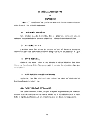 66 EBÓS PARA TODOS OS FINS
11o
EJILAXEBORA
ATENÇÃO - Os ebós deste Odu, para que surtam efeito, devem ser passados pelas
costas do cliente e por dentro de suas roupas.
440 - PARA ATIVAR A MEMÓRIA
Para remediar a perda de memória, deve-se colocar um sininho em baixo do
travesseiro e tocá-lo à meia noite em ponto para invocar a proteção dos 16 Odus principais.
441 - SEGURANÇA DO ODU
A proteção deste Odu vem de um chifre de boi com seis barras de aço dentro,
envolvidas em pano preto e amarradas com arame de aço, que se põe aos pés do igbá de Ogun.
442 - BANHO DE DEFESA
Coloca-se, em Xangô, folhas de uma espécie de cactos conhecido como esogí
(Hylocereus triangularis. L. Britton Rose.), que depois de seis dias são quinados em água para
tomar-se banho.
443 - PARA OBTER RECURSOS FINANCEIROS
Sacrifica-se, para Exú, um frango bem novinho que deve ser despachado na
desembocadura de um rio com o mar.
444 - PARA PROBLEMAS DE TRABALHO
Sete pedras de minério de ferro, um galo, doze grãos de pimenta-da-costa, uma corda
em forma de laço e um alguidar grande. Leva-se tudo aos pés de um arabá, arruma-se as coisas
dentro do alguidar, sacrifica-se o galo em cima e tempera-se com dendê, mel e aguardente.
94
 