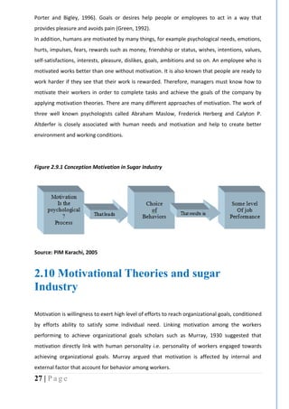 27 | P a g e
Porter and Bigley, 1996). Goals or desires help people or employees to act in a way that
provides pleasure and avoids pain (Green, 1992).
In addition, humans are motivated by many things, for example psychological needs, emotions,
hurts, impulses, fears, rewards such as money, friendship or status, wishes, intentions, values,
self-satisfactions, interests, pleasure, dislikes, goals, ambitions and so on. An employee who is
motivated works better than one without motivation. It is also known that people are ready to
work harder if they see that their work is rewarded. Therefore, managers must know how to
motivate their workers in order to complete tasks and achieve the goals of the company by
applying motivation theories. There are many different approaches of motivation. The work of
three well known psychologists called Abraham Maslow, Frederick Herberg and Calyton P.
Altderfer is closely associated with human needs and motivation and help to create better
environment and working conditions.
Figure 2.9.1 Conception Motivation in Sugar Industry
Source: PIM Karachi, 2005
2.10 Motivational Theories and sugar
Industry
Motivation is willingness to exert high level of efforts to reach organizational goals, conditioned
by efforts ability to satisfy some individual need. Linking motivation among the workers
performing to achieve organizational goals scholars such as Murray, 1930 suggested that
motivation directly link with human personality i.e. personality of workers engaged towards
achieving organizational goals. Murray argued that motivation is affected by internal and
external factor that account for behavior among workers.
 