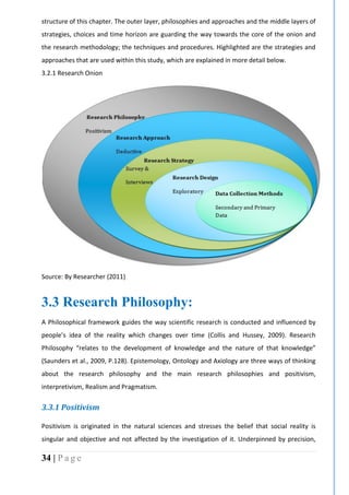 34 | P a g e
structure of this chapter. The outer layer, philosophies and approaches and the middle layers of
strategies, choices and time horizon are guarding the way towards the core of the onion and
the research methodology; the techniques and procedures. Highlighted are the strategies and
approaches that are used within this study, which are explained in more detail below.
3.2.1 Research Onion
Source: By Researcher (2011)
3.3 Research Philosophy:
A Philosophical framework guides the way scientific research is conducted and influenced by
people’s idea of the reality which changes over time (Collis and Hussey, 2009). Research
Philosophy “relates to the development of knowledge and the nature of that knowledge”
(Saunders et al., 2009, P.128). Epistemology, Ontology and Axiology are three ways of thinking
about the research philosophy and the main research philosophies and positivism,
interpretivism, Realism and Pragmatism.
3.3.1 Positivism
Positivism is originated in the natural sciences and stresses the belief that social reality is
singular and objective and not affected by the investigation of it. Underpinned by precision,
 