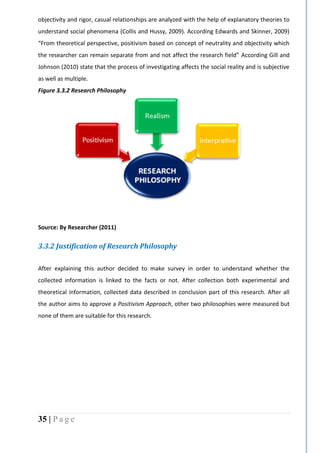 35 | P a g e
objectivity and rigor, casual relationships are analyzed with the help of explanatory theories to
understand social phenomena (Collis and Hussy, 2009). According Edwards and Skinner, 2009)
“From theoretical perspective, positivism based on concept of neutrality and objectivity which
the researcher can remain separate from and not affect the research field” According Gill and
Johnson (2010) state that the process of investigating affects the social reality and is subjective
as well as multiple.
Figure 3.3.2 Research Philosophy
Source: By Researcher (2011)
3.3.2 Justification of Research Philosophy
After explaining this author decided to make survey in order to understand whether the
collected information is linked to the facts or not. After collection both experimental and
theoretical information, collected data described in conclusion part of this research. After all
the author aims to approve a Positivism Approach, other two philosophies were measured but
none of them are suitable for this research.
 