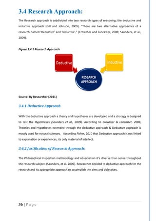 36 | P a g e
3.4 Research Approach:
The Research approach is subdivided into two research types of reasoning; the deductive and
inductive approach (Gill and Johnson, 2009). “There are two alternative approaches of a
research named ‘Deductive’ and ‘Inductive’.” (Crowther and Lancaster, 2008; Saunders, et al.,
2009).
Figure 3.4.1 Research Approach
Source: By Researcher (2011)
3.4.1 Deductive Approach
With the deductive approach a theory and hypotheses are developed and a strategy is designed
to test the Hypotheses (Saunders et al., 2009). According to Crowther & Lancaster, 2008,
Theories and Hypotheses extended through the deductive approach & Deductive approach is
mostly used for natural sciences. According Fisher, 2010 that Deductive approach is not linked
to explanation or experiences, its only material of intellect.
3.4.2 Justification of Research Approach:
The Philosophical inspection methodology and observation it’s diverse than sense throughout
the research subject. (Saunders, et al. 2009). Researcher decided to deductive approach for the
research and its appropriate approach to accomplish the aims and objectives.
 