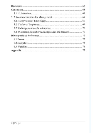 3 | P a g e
Discussion............................................................................................... 65
Conclusion .............................................................................................. 68
5.1.1 Limitations................................................................................. 69
5. 2 Recommendations for Management................................................ 69
5.2.1 Motivation of Employees: ......................................................... 69
5.2.2 Value of Employee:................................................................... 69
5.2.3 Management needs to improve: ................................................ 70
5.2.4 Communication between employees and leaders: .................... 70
Bibliography & References .................................................................... 72
6.1 Books:........................................................................................... 72
6.2 Journals:........................................................................................ 73
6.3 Websites:....................................................................................... 74
Appendix................................................................................................. 75
 