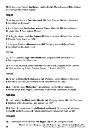 28
19.10. Gioacchino Rossini Der Barbier von Sevilla (ML Myron Romanul IN Gert Hagen
Seebach A Olaf Zombeck. Figaro)
1992/93
31.10. Gaetano Donizetti Der Liebestrank (ML Peter Sommer IN Günter Könemann
B Heinz Balthes. Belcore)
4.4. Miro Belamaric Geschichten aus dem Wiener Wald (UA ML Helmut Weese
IN István Bödy A Peter Sykora. Mister)
15.5. Ruggiero Leoncavallo Der Bajazzo (ML Günter Neuhold IN Hans-Peter Lehmann
B Thomas Pekny. Silvio, bis 1994)
3.7. Jacques Offenbach Madame Favart (ML Wolfgang Heinzel IN Petra Wolko
B Heinz Balthes. Charles Favart)
1993/94
23.10. Frank Loesser Guys and Dolls (ML Wolfgang Heinzel IN James Brookes
A Rolf Langenfass. Sky Masterson)
25.6. Maurice Ravel Die spanische Stunde / Carl Orff Die Kluge (ML Peter Sommer
IN Wolfram Mehring B Heinz Balthes. Ramiro / 2. Strolch, bis 1995)
1994/95
30.10. Carl Millöcker Der Bettelstudent (ML Wolfgang Heinzel IN Günter Könemann
B Karin Fritz. Ollendorf, alternierend mit Ks. Tero Hannula, bis 1996)
30.6. Frederick Loewe My Fair Lady (ML Wolfgang Heinzel IN Karl Absenger
B Heinz Balthes. Prof. Higgins, alternierend mit Reinhard Sannemann, bis 1996)
1995/1996
20.1. Mitch Leigh Der Mann von La Mancha (ML Wolfgang Heinzel IN Lothar Trautmann
B Ekkehard Kröhn. Cervantes / Don Quixote, bis 1997)
26.5. Dmitri Schostakowitsch Lady Macbeth von Mzensk (Urfassung ML Wolfgang
Heinzel IN Günter Könemann B Roland Aeschlimann. Polizeichef. Auch auf CD)
1996/1997
18.1. John Gay / Benjamin Britten The Beggar’s Opera (ML Wolfgang Heinzel
Oben als Sekretär in Der junge Lord, 1997. Unten als Figaro in Der Barbier von Sevilla, 1992.
Fotos Peter Bastian, Gerd Weiss / Landesarchiv Karlsruhe
 