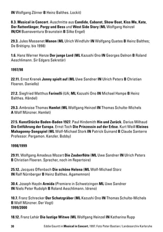 30
IN Wolfgang Zörner B Heinz Balthes. Lockit)
8.3. Musical in Concert. Auschnitte aus Candide, Cabaret, Show Boat, Kiss Me, Kate,
Der Rattenfänger, Porgy und Bess und West Side Story (ML Wolfgang Heinzel
IN/CH Buenaventura Braunstein B Silke Engel)
29.3. Jules Massenet Manon (ML Ulrich Windfuhr IN Wolfgang Quetes B Heinz Balthes;
De Brétigny. bis 1998)
1.6. Hans Werner Henze Der junge Lord (ML Kazushi Ono IN Georges Delnon B Roland
Aeschlimann. Sir Edgars Sekretär)
1997/98
22.11. Ernst Krenek Jonny spielt auf (ML Uwe Sandner IN Ulrich Peters B Christian
Floeren. Daniello)
27.2. Siegfried Matthus Farinelli (UA; ML Kazushi Ono IN Michael Hampe B Heinz
Balthes. Händel)
29.3. Ambroise Thomas Hamlet (ML Wolfgang Heinzel IN Thomas Schulte-Michels
A Wolf Münzner. Hamlet)
27.5. KunstStücke Baden-Baden 1927. Paul Hindemith Hin und Zurück. Darius Milhaud
Die Entführung der Europa. Ernst Toch Die Prinzessin auf der Erbse. Kurt Weill Kleines
Mahagonny-Songspiel (ML Wolf-Michael Stork IN Patrick Guinand B Claude Santerre
Professor. Pergamon. Kanzler. Bobby)
1998/1999
29.11. Wolfgang Amadeus Mozart Die Zauberflöte (ML Uwe Sandner IN Ulrich Peters
B Christian Floeren. Sprecher, noch im Repertoire)
25.12. Jacques Offenbach Die schöne Helena (ML Wolf-Michael Storz
IN Ralf Nürnberger B Heinz Balthes. Agamemnon)
30.4. Joseph Haydn Armida (Premiere in Schwetzingen ML Uwe Sandner
IN Niels Peter Rudolph B Roland Aeschlimann. Idreno)
10.7. Franz Schrecker Der Schatzgräber (ML Kazushi Ono IN Thomas Schulte-Michels
B Wolf Münzner. Der Vogt)
1999/2000
18.12. Franz Lehár Die lustige Witwe (ML Wolfgang Heinzel IN Katharina Rupp
Eddie Gauntt in Musical in Concert, 1997. Foto Peter Bastian / Landesarchiv Karlsruhe
 