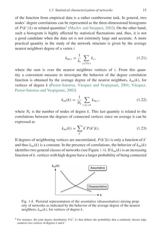 1.3 Statistical characterization of networks 15
of the function from empirical data is a rather cumbersome task. In general, two
nodes’ degree correlations can be represented as the three-dimensional histograms
of P(k
| k) or related quantities4
(Maslov and Sneppen, 2002). On the other hand,
such a histogram is highly affected by statistical fluctuations and, thus, it is not
a good candidate when the data set is not extremely large and accurate. A more
practical quantity in the study of the network structure is given by the average
nearest neighbors degree of a vertex i
knn,i =
1
ki

j∈V(i)
kj , (1.21)
where the sum is over the nearest neighbors vertices of i. From this quan-
tity a convenient measure to investigate the behavior of the degree correlation
function is obtained by the average degree of the nearest neighbors, knn(k), for
vertices of degree k (Pastor-Satorras, Vázquez and Vespignani, 2001; Vázquez,
Pastor-Satorras and Vespignani, 2002)
knn(k) =
1
Nk

i/ki =k
knn,i , (1.22)
where Nk is the number of nodes of degree k. This last quantity is related to the
correlations between the degrees of connected vertices since on average it can be
expressed as
knn(k) =

k
k
P(k
|k). (1.23)
If degrees of neighboring vertices are uncorrelated, P(k
|k) is only a function of k
and thus knn(k) is a constant. In the presence of correlations, the behavior of knn(k)
identifies two general classes of networks (see Figure 1.4). If knn(k) is an increasing
function of k, vertices with high degree have a larger probability of being connected
knn(k)
k
Disassortative
Assortative
Fig. 1.4. Pictorial representation of the assortative (disassortative) mixing prop-
erty of networks as indicated by the behavior of the average degree of the nearest
neighbors, knn(k), for vertices of degree k.
4 For instance, the joint degree distribution P(k, k) that defines the probability that a randomly chosen edge
connects two vertices of degrees k and k.
 
