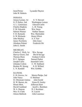 Jared Porter Lysander Dayton
John W. Roberts
INDIANA.
Amasa Lyman, 1st U. V. Stewart
G. P. Dykes, 2nd Washington Lemon
A. L. Lamoreaux Edward Carlin
Charles Hopkins L. D. Young
F. M. Edwards Wm. Snow
Salmon Warner Nathan Tanner
F. D. Richards Wm. Martindale
S. W. Richards Henry Elliott
John Mackey A. F. Farr
James Newberry John Jones
Abraham Palmer Frederick Ott
John G. Smith
MICHIGAN.
Charles C. Rich, 1st Wm. Savage
Harvey Green, 2nd David Savage
Thomas Dunn Graham Coltrin
R. C. Sprague Samuel Parker
Joseph Curtis Jeremiah Curtis
Zebedee Coltrin C. W. Hubbard
Reuben W. Strong S. D. Willard
L. N. Kendall Wm. Gribble
ILLINOIS.
E. H. Groves, 1st Morris Phelps, 2nd
John Vance S. Mulliner
H. Olmstead, Galena John Gould
H. W. Barnes, do. Zenus R. Gurley
Hiram Mott, Jefferson Hunt
David Candland Jacob L. Burnham
W. A. Duncan D. J. Kershner
Wm. O. Clark N. Leavitt
Almon Bathrick John Laurence
 