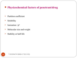 Physicochemical factors of penetrant/drug 
 Partition coefficient 
 Solubility 
 Ionization / pKa 
 Molecular size and weight 
 Stability or half-life 
T.B.EKNATH 13 BABU (T.B.E.K.B) 
 