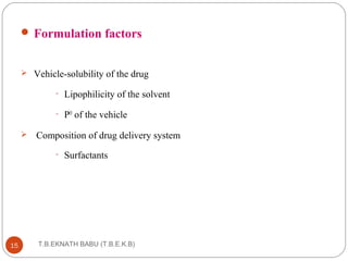 Formulation factors 
 Vehicle-solubility of the drug 
• Lipophilicity of the solvent 
• PH of the vehicle 
 Composition of drug delivery system 
• Surfactants 
T.B.EKNATH 15 BABU (T.B.E.K.B) 
 