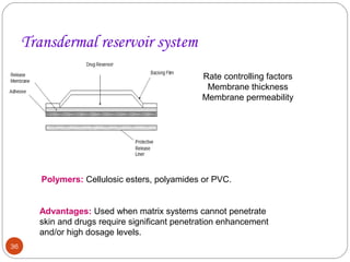 Transdermal reservoir system 
36 
Rate controlling factors 
Membrane thickness 
Membrane permeability 
Polymers: Cellulosic esters, polyamides or PVC. 
Advantages: Used when matrix systems cannot penetrate 
skin and drugs require significant penetration enhancement 
and/or high dosage levels. 
 