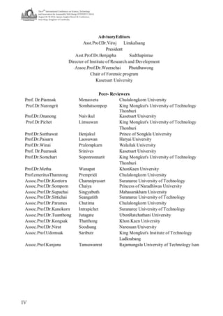 The 6
th
International Conference on Science, Technology
and Innovation for Sustainable Well-Being (STISWB VI 2014)
August 28-30 2014, Apsara Angkor Resort & Conference,
Siem Reap, Kingdom of Cambodia
IV
AdvisoryEditors
Asst.Prof.Dr.Viroj LimkaIsang
President
Asst.Prof.Dr.Benjapha Sudthapintue
Director of Institute of Research and Development
Assoc.Prof.Dr.Weerachai Phutdhawong
Chair of Forensic program
Kasetsart University
Peer- Reviewers
Prof. Dr.Piamsak Menasveta Chulalongkorn University
Prof.Dr.Narongrit Sombatsompop King Mongkut's University of Technology
Thonburi
Prof.Dr.Onanong Naivikul Kasetsart University
Prof.Dr.Pichet Limsuwan King Mongkut's University of Technology
Thonburi
Prof.Dr.Sutthawat Benjakul Prince of Songkla University
Prof.Dr.Paisarn Laosuwan Hatyai University
Prof.Dr.Winai Pralompkarn Walailak University
Prof. Dr.Peerasak Srinives Kasetsart University
Prof.Dr.Somchart Soponronnarit King Mongkut's University of Technology
Thonburi
Prof.Dr.Metha Wanapat KhonKaen University
Prof.emeritusThamrong Prempridi Chulalongkorn University
Assoc.Prof.Dr.Kontorn Chamniprasart Suranaree University of Technology
Assoc.Prof.Dr.Somporn Chaiya Princess of Naradhiwas University
Assoc.Prof.Dr.Supachai Singyabuth Mahasarakham University
Assoc.Prof.Dr.Sittichai Seangatith Suranaree University of Technology
Assoc.Prof.Dr.Parames Chutima Chulalongkorn University
Assoc.Prof.Dr.Kanokorn Intrapichet Suranaree University of Technology
Assoc.Prof.Dr.Tuanthong Jutagate UbonRatchathani University
Assoc.Prof.Dr.Kongsak Thatthong Khon Kaen University
Assoc.Prof.Dr.Nirat Soodsang Naresuan University
Assoc.Prof.Udomsak Saributr King Mongkut's Institute of Technology
Ladkrabang
Assoc.Prof.Kanjana Tansuwanrat Rajamangala University of Technology Isan
 