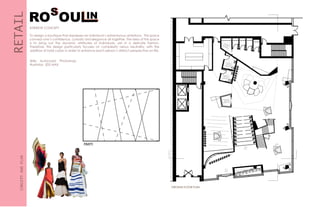 RETAILCONCEPTANDPLAN
INTERIOR CONCEPT
To design a boutique that expresses an individual’s adventurous ambitions. This space
conveys one’s confidence, curiosity and elegance all together. The idea of this space
is to bring out the dynamic attributes of individuals, yet in a delicate fashion.
Therefore, this design particularly focuses on complexity versus neutrality, with the
addition of bold colors in order to enhance each person’s distinct perspective on life.
PARTI
GROUND FLOOR PLAN
S
ROS
OU IN
Skills: Autocadd, Photoshop,
Illustrator, 3DS MAX
 