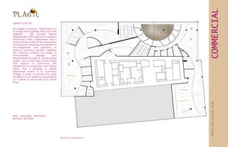 COMMERCIAL
REFLECTEDCEILINGPLAN
DESIGN CONCEPT
According to Monroe, “Employees can
no longer work together, they must think
together”. The Concept behind
designing this office space is to create a
harmonious, lively, collaborative and a
positive environment for the employees,
consequently attaching the element of
encouragement and inspiration to
produce wondrous solutions together.
The company projects an image of
trustworthiness, strength and
dependability through its vibrant spatial
quality, use of color and comfort zones
that support in enhancing the
experience of employees and visiting
clients. Plan it promises to deliver
memorable events to its customers;
similarly, it strives to provide the same
excellence to its workforce emphasizing
on a sense of community and casual
living.
REFLECTED CEILING PLAN
Skills: Autocadd, Photoshop,
Illustrator, 3DS MAX
 