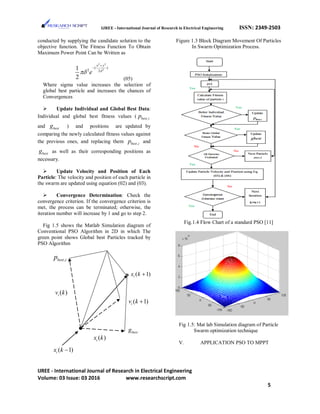 IJREE - International Journal of Research in Electrical Engineering ISSN: 2349-2503
conducted by supplying the candidate solution to the
objective function. The Fitness Function To Obtain
Maximum Power Point Can be Written as
2 2
2
( )
2 2
1
2
x y
e δ
πδ
+
−
(05)
Where sigma value increases the selection of
global best particle and increases the chances of
Convergences
 Update Individual and Global Best Data:
Individual and global best fitness values ( ,best ip
and bestg ) and positions are updated by
comparing the newly calculated fitness values against
the previous ones, and replacing them ,best ip and
bestg as well as their corresponding positions as
necessary.
 Update Velocity and Position of Each
Particle: The velocity and position of each particle in
the swarm are updated using equation (02) and (03).
 Convergence Determination: Check the
convergence criterion. If the convergence criterion is
met, the process can be terminated; otherwise, the
iteration number will increase by 1 and go to step 2.
Fig 1.5 shows the Matlab Simulation diagram of
Conventional PSO Algorithm in 2D in which The
green point shows Global best Particles tracked by
PSO Algorithm
Figure 1.3 Block Diagram Movement Of Particles
In Swarm Optimization Process.
Fig.1.4 Flow Chart of a standard PSO [11]
Fig 1.5: Mat lab Simulation diagram of Particle
Swarm optimization technique
V. APPLICATION PSO TO MPPT
( 1)ix k +
( )ix k
( 1)ix k −
( )iv k
,best ip
bestg
( 1)iv k +
IJREE - International Journal of Research in Electrical Engineering
Volume: 03 Issue: 03 2016 www.researchscript.com
5
 