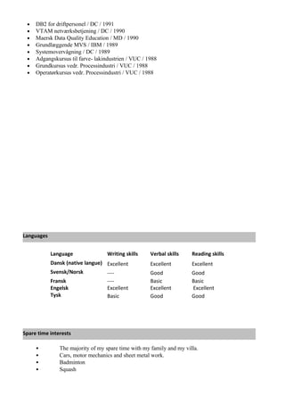 • DB2 for driftpersonel / DC / 1991
• VTAM netværksbetjening / DC / 1990
• Maersk Data Quality Education / MD / 1990
• Grundlæggende MVS / IBM / 1989
• Systemovervågning / DC / 1989
• Adgangskursus til farve- lakindustrien / VUC / 1988
• Grundkursus vedr. Processindustri / VUC / 1988
• Operatørkursus vedr. Processindustri / VUC / 1988
Language Writing skills Verbal skills Reading skills
Dansk (native langue) Excellent Excellent Excellent
Svensk/Norsk ---- Good Good
Fransk
Engelsk
----
Excellent
Basic
Excellent
Basic
Excellent
Tysk Basic Good Good
• The majority of my spare time with my family and my villa.
• Cars, motor mechanics and sheet metal work.
• Badminton
• Squash
Languages
FritidsinteresserSpare time interests
 