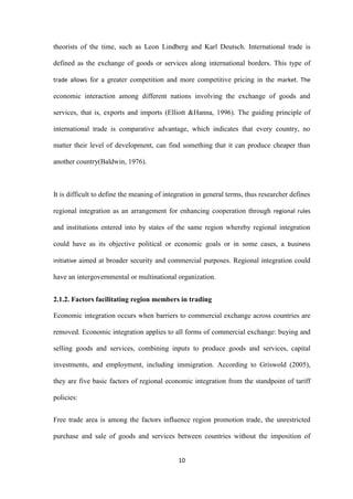 10
theorists of the time, such as Leon Lindberg and Karl Deutsch. International trade is
defined as the exchange of goods or services along international borders. This type of
trade allows for a greater competition and more competitive pricing in the market. The
economic interaction among different nations involving the exchange of goods and
services, that is, exports and imports (Elliott &Hanna, 1996). The guiding principle of
international trade is comparative advantage, which indicates that every country, no
matter their level of development, can find something that it can produce cheaper than
another country(Baldwin, 1976).
It is difficult to define the meaning of integration in general terms, thus researcher defines
regional integration as an arrangement for enhancing cooperation through regional rules
and institutions entered into by states of the same region whereby regional integration
could have as its objective political or economic goals or in some cases, a business
initiative aimed at broader security and commercial purposes. Regional integration could
have an intergovernmental or multinational organization.
2.1.2. Factors facilitating region members in trading
Economic integration occurs when barriers to commercial exchange across countries are
removed. Economic integration applies to all forms of commercial exchange: buying and
selling goods and services, combining inputs to produce goods and services, capital
investments, and employment, including immigration. According to Griswold (2005),
they are five basic factors of regional economic integration from the standpoint of tariff
policies:
Free trade area is among the factors influence region promotion trade, the unrestricted
purchase and sale of goods and services between countries without the imposition of
 