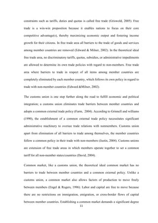 11
constraints such as tariffs, duties and quotas is called free trade (Griswold, 2005). Free
trade is a win-win proposition because it enables nations to focus on their core
competitive advantage(s), thereby maximizing economic output and fostering income
growth for their citizens. In free trade area all barriers to the trade of goods and services
among member countries are removed (Edward & Milner, 2002). In the theoretical ideal
free trade area, no discriminatory tariffs, quotas, subsidies, or administrative impediments
are allowed to determine its own trade policies with regard to non-members. Free trade
area where barriers to trade in respect of all items among member countries are
completely eliminated by each member country, which follows its own policy in regard to
trade with non-member countries (Edward &Milner, 2002).
The customs union is one step further along the road to fulfill economic and political
integration; a customs union eliminates trade barriers between member countries and
adopts a common external trade policy (Farm, 2004). According to Grinnell and williams
(1990), the establishment of a common external trade policy necessitates significant
administrative machinery to oversee trade relations with nonmembers. Customs union
apart from elimination of all barriers to trade among themselves, the member countries
follow a common policy in their trade with non-members (Justin, 2004). Customs unions
are extension of free trade areas in which members operate together to set a common
tariff for all non-member states/countries (David, 2004).
Common market, like a customs union, the theoretical ideal common market has no
barriers to trade between member countries and a common external policy. Unlike a
customs union, a common market also allows factors of production to move freely
between members (Engel & Rogers, 1996). Labor and capital are free to move because
there are no restrictions on immigration, emigration, or cross-border flows of capital
between member countries. Establishing a common market demands a significant degree
 