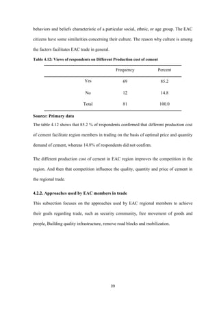 39
behaviors and beliefs characteristic of a particular social, ethnic, or age group. The EAC
citizens have some similarities concerning their culture. The reason why culture is among
the factors facilitates EAC trade in general.
Table 4.12: Views of respondents on Different Production cost of cement
Frequency Percent
Yes 69 85.2
No 12 14.8
Total 81 100.0
Source: Primary data
The table 4.12 shows that 85.2 % of respondents confirmed that different production cost
of cement facilitate region members in trading on the basis of optimal price and quantity
demand of cement, whereas 14.8% of respondents did not confirm.
The different production cost of cement in EAC region improves the competition in the
region. And then that competition influence the quality, quantity and price of cement in
the regional trade.
4.2.2. Approaches used by EAC members in trade
This subsection focuses on the approaches used by EAC regional members to achieve
their goals regarding trade, such as security community, free movement of goods and
people, Building quality infrastructure, remove road blocks and mobilization.
 